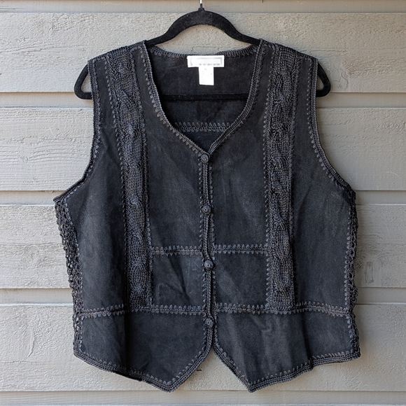 S.M.H. Jackets & Blazers - VTG 80s Black Suede Leather Crochet Patchwork Vest Size XL